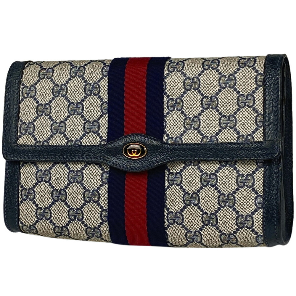 Gucci GG Clutch Bag Shoulder Sherry Web Canvas Navy Blue Purple Red